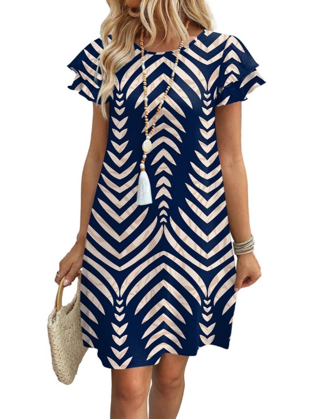 Women's Navy Blue Beige Polyester Blend Cap Sleeve Crew Neck Pull On Mini Dress